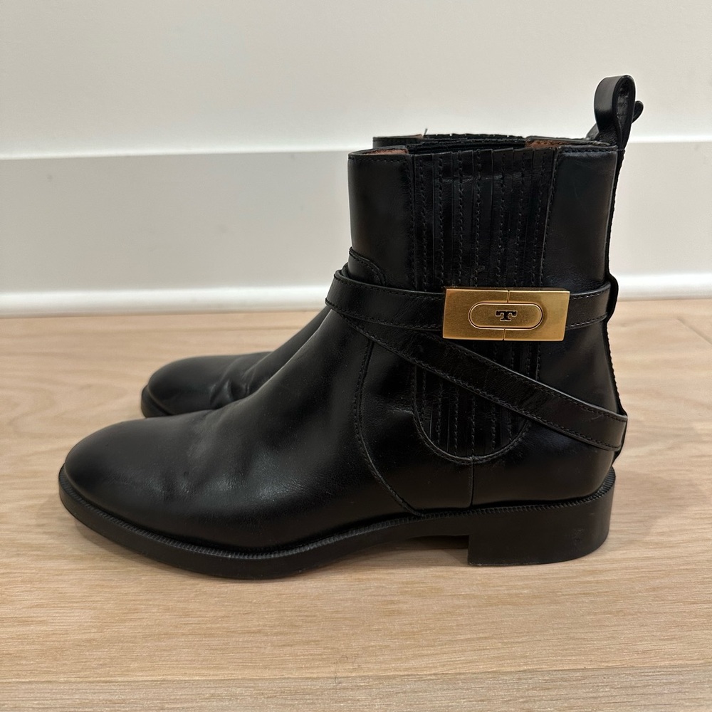 Tory Burch Black Leather Ankle Boots with Gold Accent
